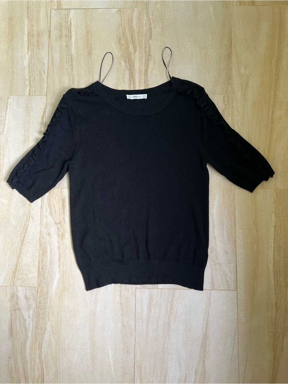 Zara Black Women's Short-Sleeve Ruffle-Detail Sweater